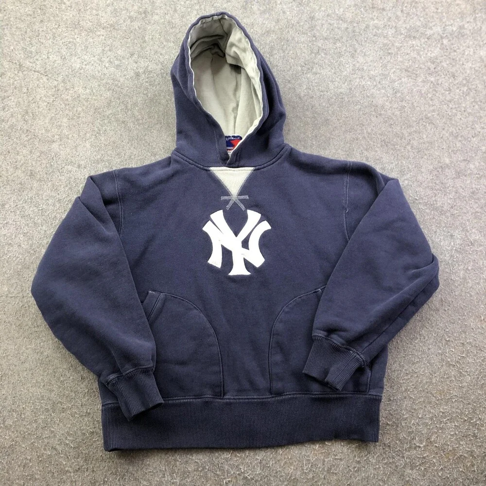 Vintage New York Yankees Hoodie Boys Large Blue MLB Baseball Majestic Pullover